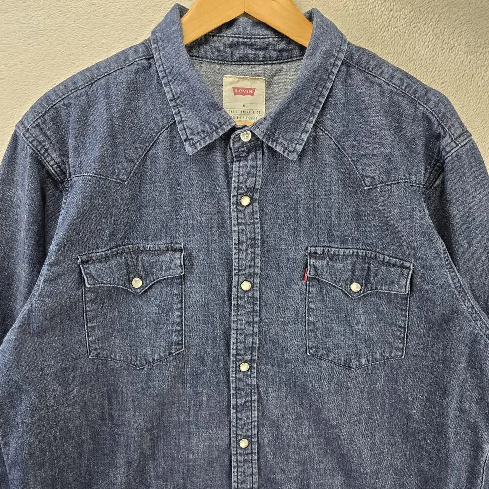Levis Denim Pearl Snap Shirt Mens XL Blue Dark Wash Western Long Sleeve Pockets
